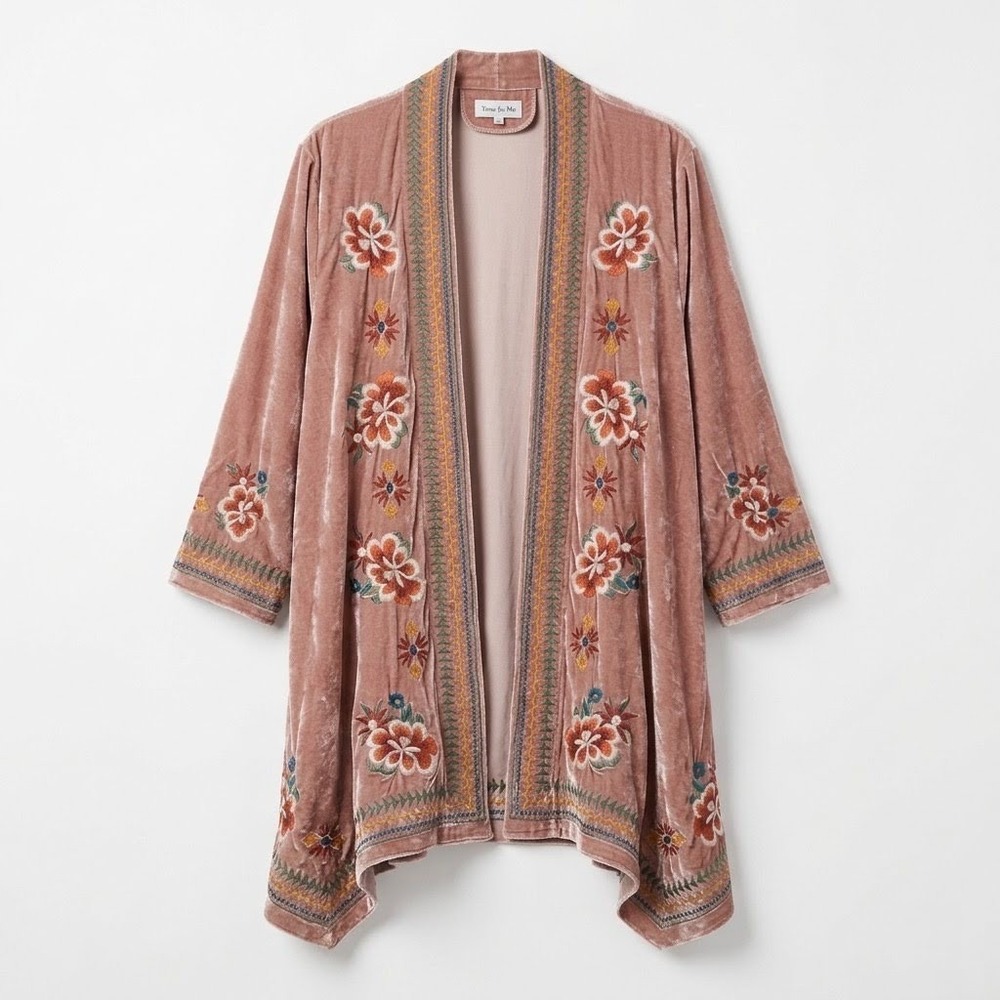 New Time for Me Velvet Kimono Cardigan Women 2X Peach Embroidered Boho